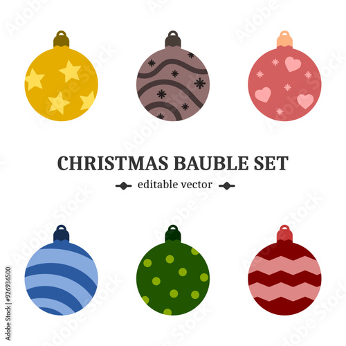 Festive Christmas bauble set decoration for winter season. Color Xmas balls in diverse styles. Editable EPS vector icons, clip art, graphic design elements.