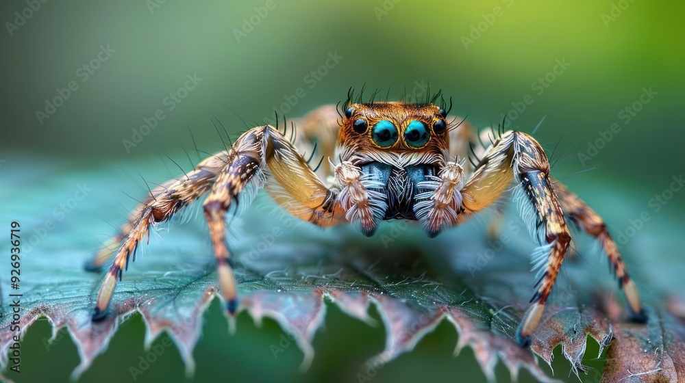 A spider on a plant leaf with detailed view of its legs and web. A spider on a plant leaf with detailed view of its legs and web.