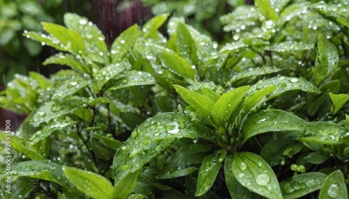Wallpaper Mural  Raindrops glistening on vibrant green leaves Torontodigital.ca