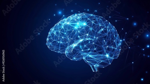 Abstract glowing brain with network lines and points on a dark blue background.