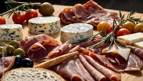 supermarket display combining cheeses with a selection of cured meats, olives, and breadsticks.