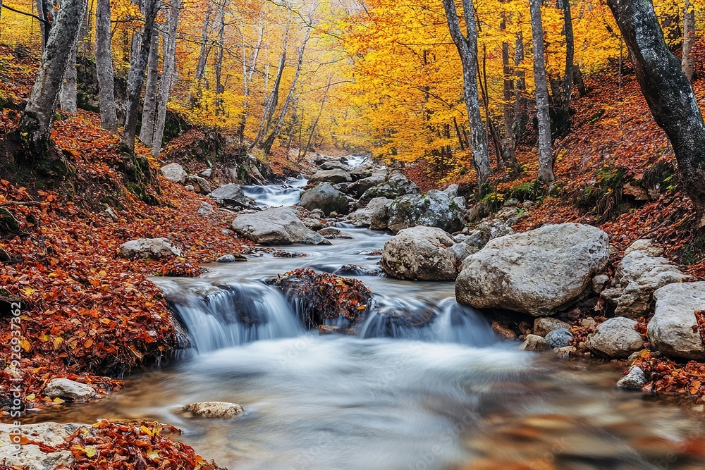 A stream of water flows through a forest with leaves on the ground A stream of water flows through a forest with leaves on the ground