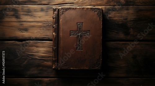 A timeless symbol of faith: a cross engraved on a delicate leather-bound Bible, Generative AI、時を超えた信仰の象徴: 繊細な革装丁の聖書に刻まれた十字架、Generative AI photo