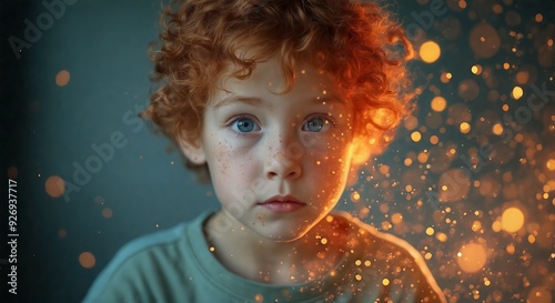 Captivating portrait of a redhead boy with curls, surrounded by sparks or fireflies. The magical atmosphere highlights the wonder and enchantment of childhood experiences in nature.