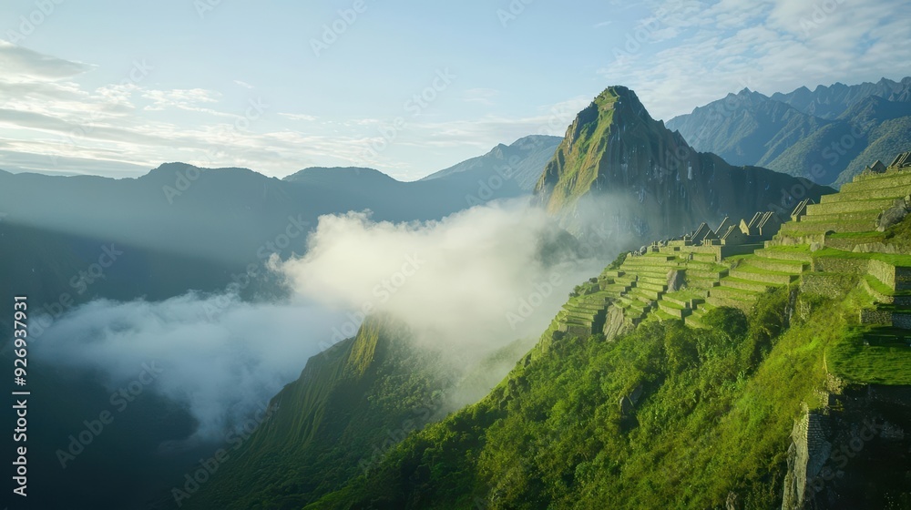 Misty mountain landscape with ancient ruins in the background. Misty mountain landscape with ancient ruins in the background.