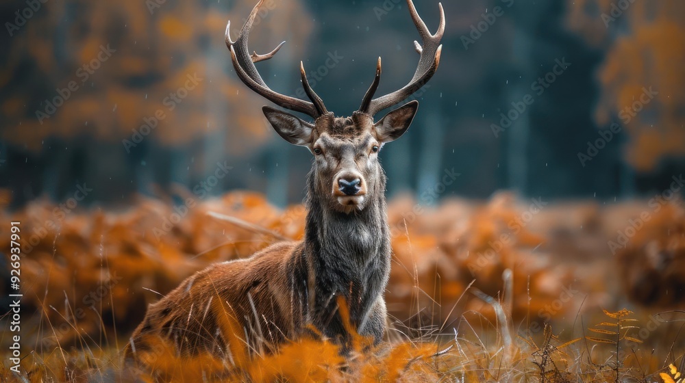 the beauty of a majestic deer standing in a field of golden leaves, with a serene forest background. the beauty of a majestic deer standing in a field of golden leaves, with a serene forest background.