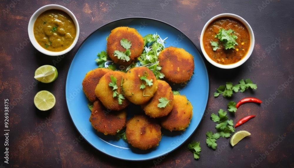 Fototapeta premium Delicious Indian snacks with chutneys and garnishes