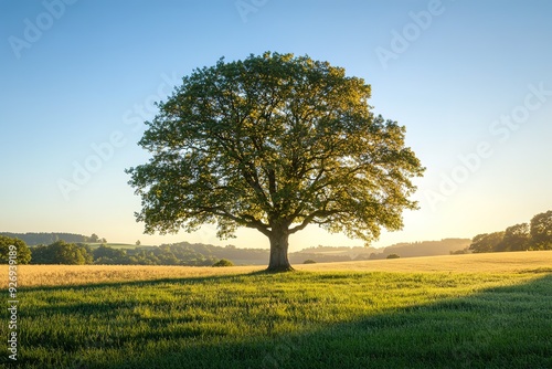 A large tree stands in a field of grass photo