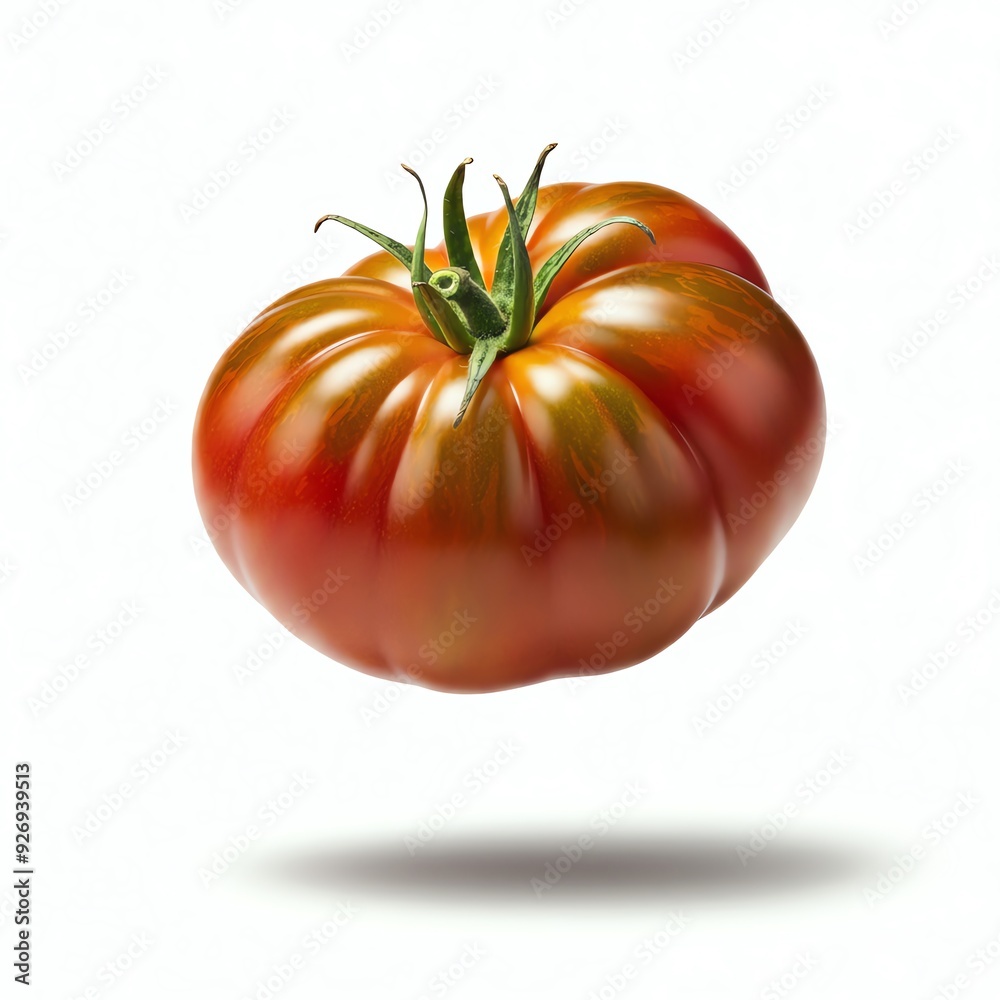 A tomato in free fall, captured against a white background, showcasing a complete depth of field. A tomato in free fall, captured against a white background, showcasing a complete depth of field.