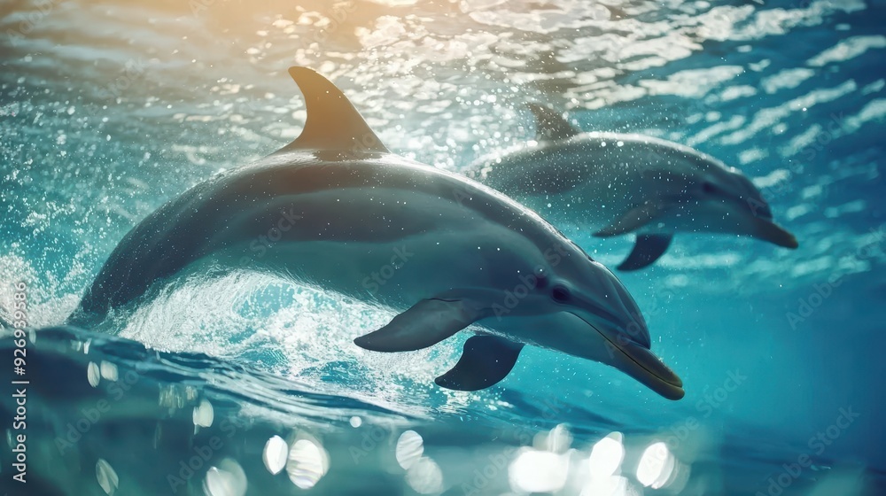 Naklejka premium Two dolphins leap through the turquoise water, sunlight sparkling around them.
