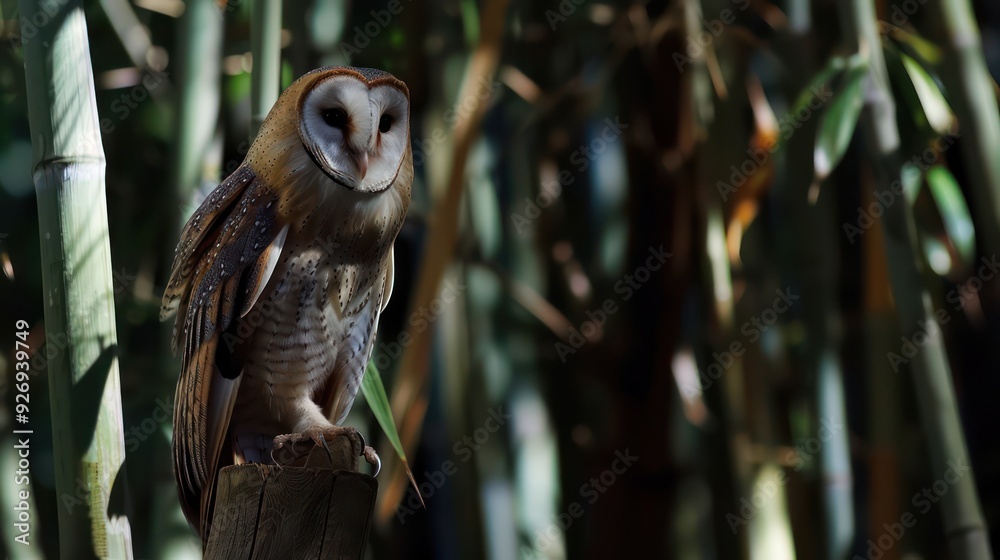 A cute Oriental Scops Owl roosting in a bamboo grove A cute Oriental Scops Owl roosting in a bamboo grove