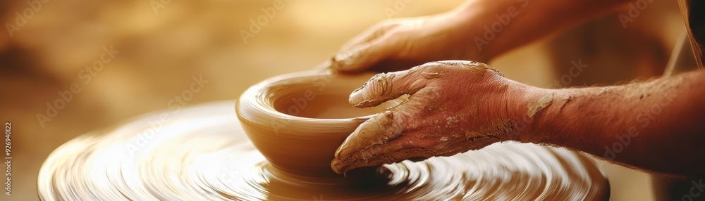 Hands shaping clay on a pottery wheel. Hands shaping clay on a pottery wheel.