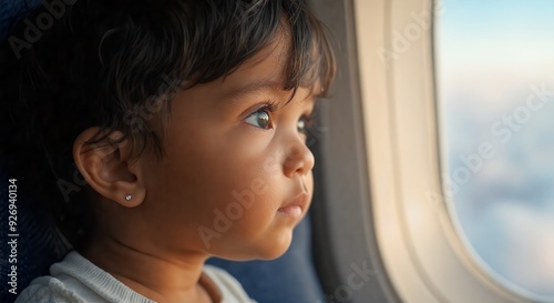 Pensive portrait of a young Asian girl gazing out of an airplane window. Her thoughtful expression captures the wonder of travel and new experiences through a child's eyes.