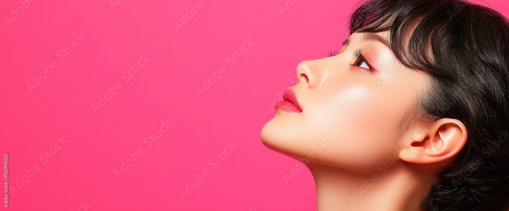 Side View Of A Calm Asian Woman Against A Pink Background, Serenity In Every Detail Side View Of A Calm Asian Woman Against A Pink Background, Serenity In Every Detail
