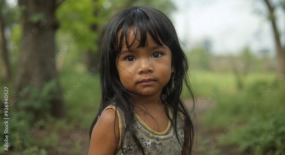 Portrait of a young girl, possibly of Southeast Asian descent, in a natural setting. Her direct gaze and slight frown convey a sense of seriousness and resilience. Portrait of a young girl, possibly of Southeast Asian descent, in a natural setting. Her direct gaze and slight frown convey a sense of seriousness and resilience.