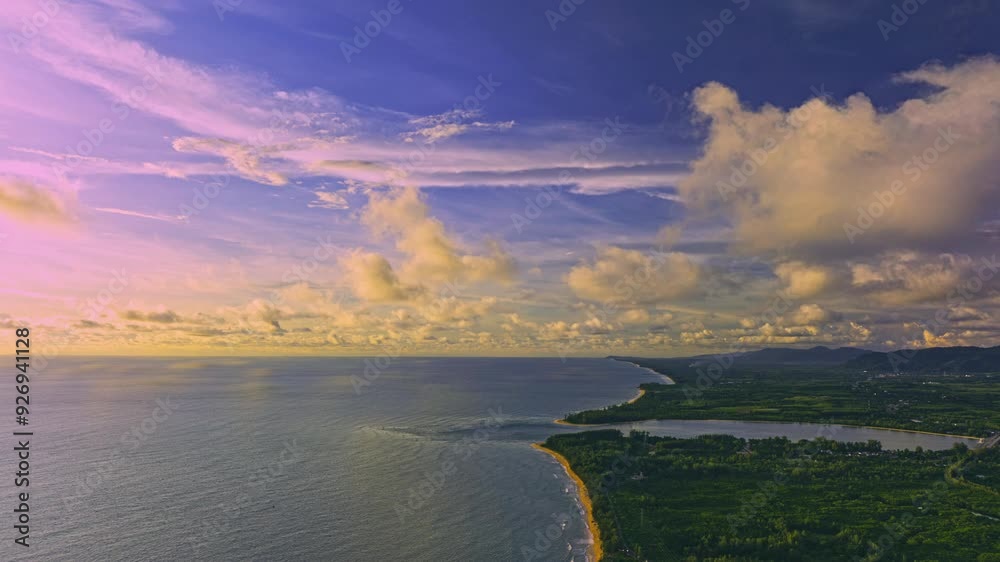 Aerial hyperlapse lapse of scenery white cloud in blue sky floating above long white beach. beautiful nature on the beach. smooth waves from green sea background. beautiful nature of sky scape.