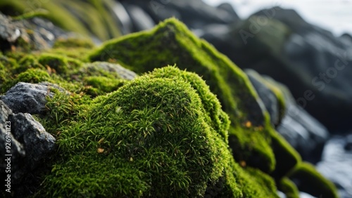  Vibrant mosscovered rocks by the sea photo
