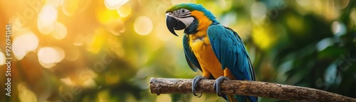 A vibrant blue and yellow macaw perches on a branch in a lush green forest.