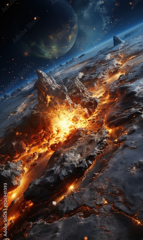 Meteor approaching Earth in space, the meteorite is approaching the planet, Meteor approaching Earth in space, the meteorite is approaching the planet,