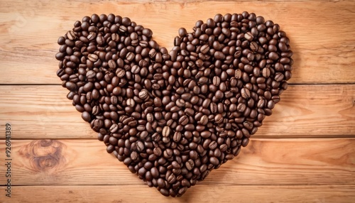  Coffee beans heartshaped on wooden surface