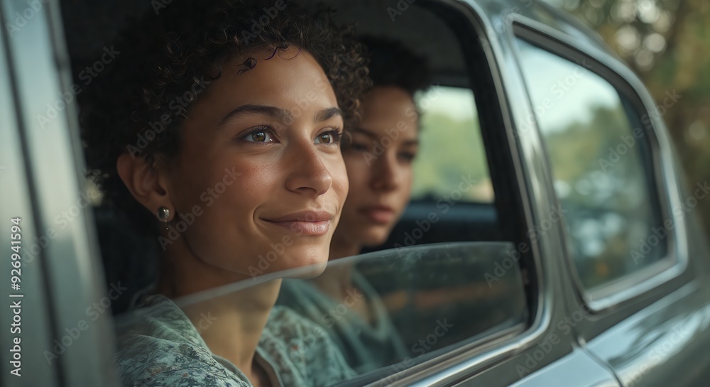 Young woman with wavy brown hair and radiant smile looks out car window, sunlight illuminating her joyful face, passing scenery reflected in glass