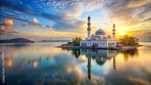 Mosque located on a serene island surrounded by water , Island, mosque, religion, spirituality, peaceful, tranquil