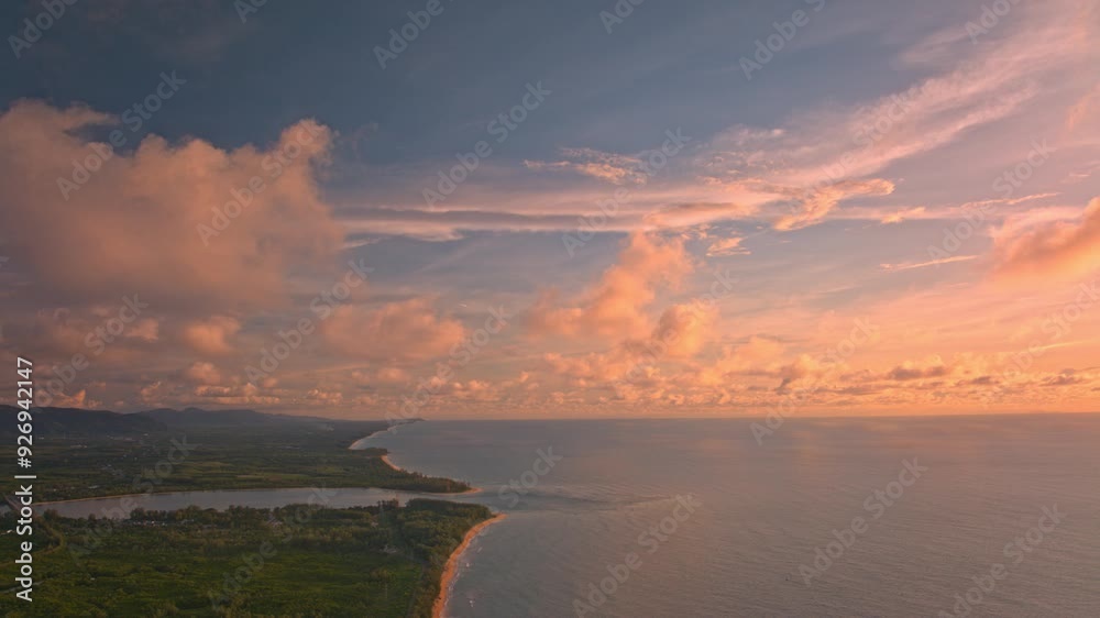 Aerial hyperlapse lapse of scenery white cloud in blue sky floating above long white beach. beautiful nature on the beach. smooth waves from green sea background. beautiful nature of sky scape.
