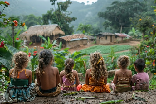 A group of children sit on the ground in front of a house