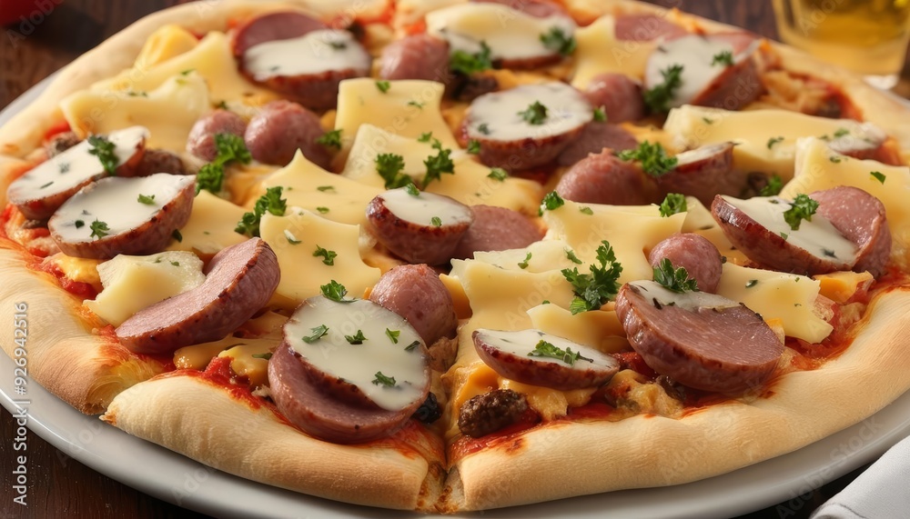 Deliciously cheesy sausage pizza ready to be savored Deliciously cheesy sausage pizza ready to be savored