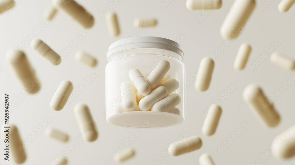 clear plastic pill blank bottle with floating pills a neutral background product photography blank label mockup supplements clear plastic pill blank bottle with floating pills a neutral background product photography blank label mockup supplements