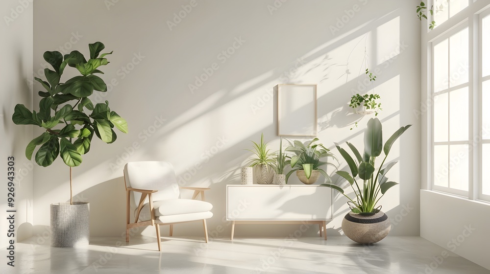Fototapeta premium Minimalist Living Room with Vibrant Potted Plants and 3D Rendered Home Mockup