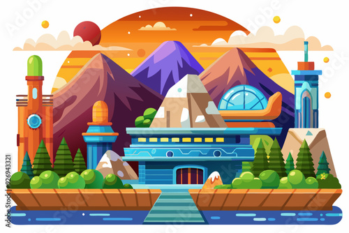 Futuristic Cityscape with Mountainous Landscape and Sunset