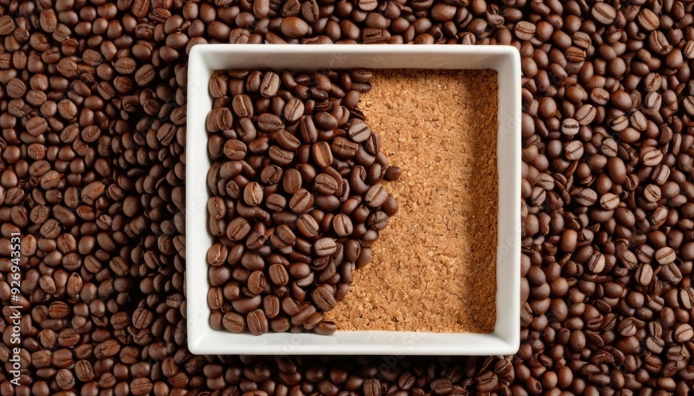 Coffee beans in a white tray on a coffee bean background Coffee beans in a white tray on a coffee bean background
