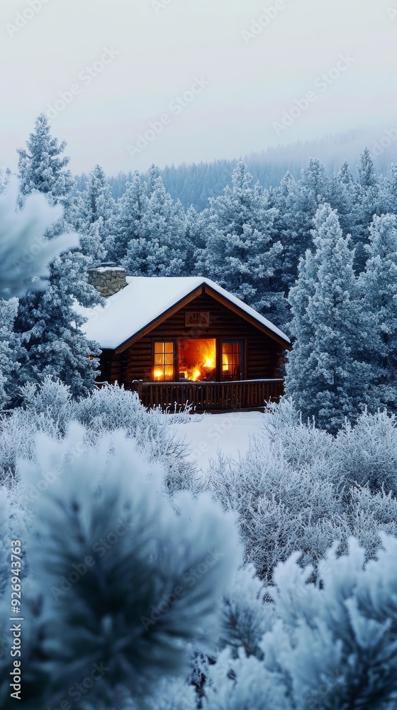 Fototapeta premium Cozy wooden cabin in a snowy forest during winter, illuminated warmly from inside, surrounded by snow-covered trees and serene wilderness.