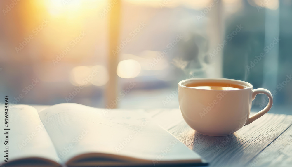 A cup of tea and an open notebook sit on a wooden table, bathed in the warm glow of morning sunlight. A cup of tea and an open notebook sit on a wooden table, bathed in the warm glow of morning sunlight.