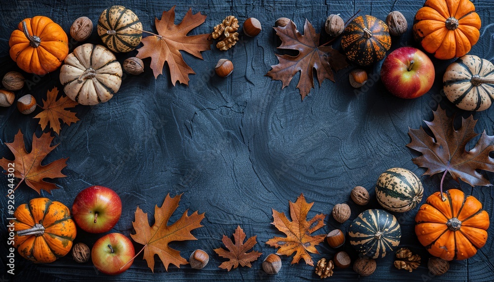Autumn harvest of pumpkins, apples, nuts on a wooden background Autumn harvest of pumpkins, apples, nuts on a wooden background