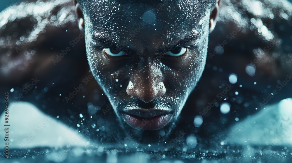 Intense focus and determination are evident in this powerful image of man exercising. His body glistens with sweat, showcasing his effort and strength. Intense focus and determination are evident in this powerful image of man exercising. His body glistens with sweat, showcasing his effort and strength.