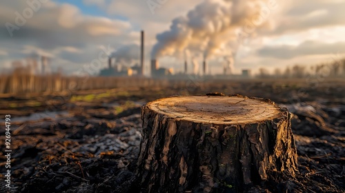 Wallpaper Mural A stark contrast of nature and industry shows a tree stump in focus against a backdrop of smoke and pollution from factories. Torontodigital.ca