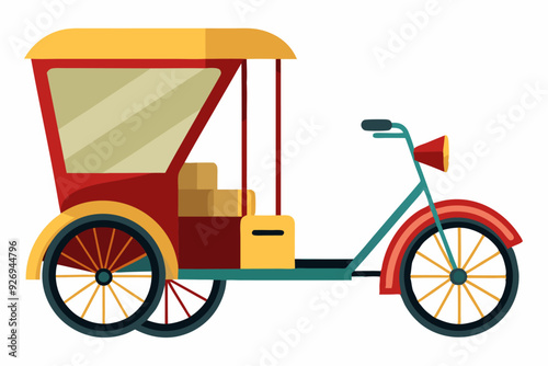 A Red and Yellow Pedicab with a Canopy and Three Wheels