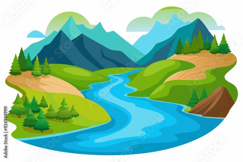 A winding river flows through a picturesque mountainous landscape.