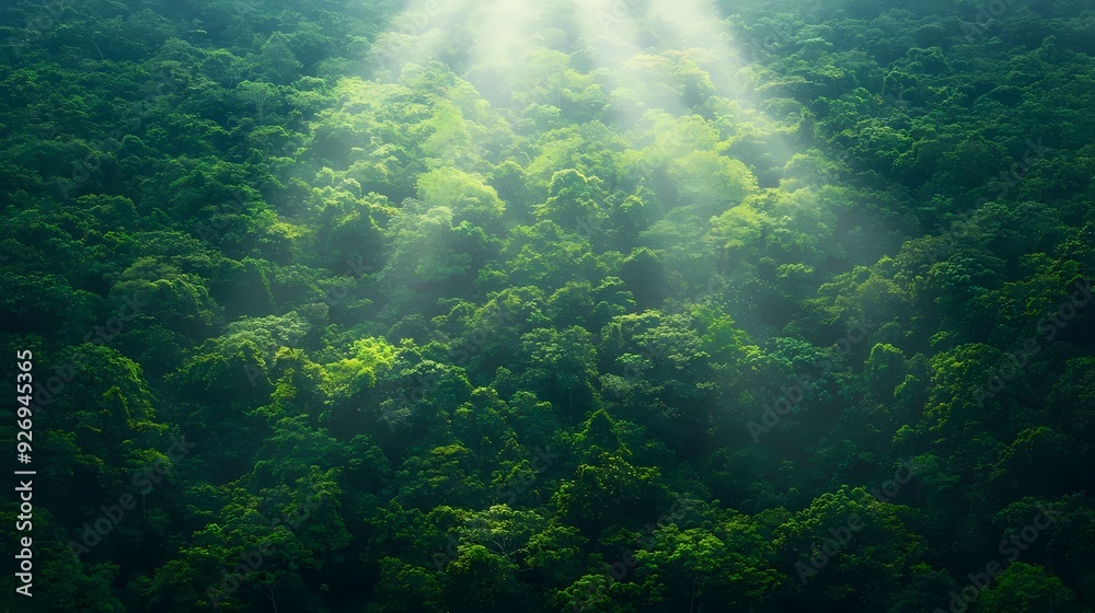 Aerial view of a lush green forest illuminated by rays of sunlight, showcasing nature's beauty and tranquility. Aerial view of a lush green forest illuminated by rays of sunlight, showcasing nature's beauty and tranquility.