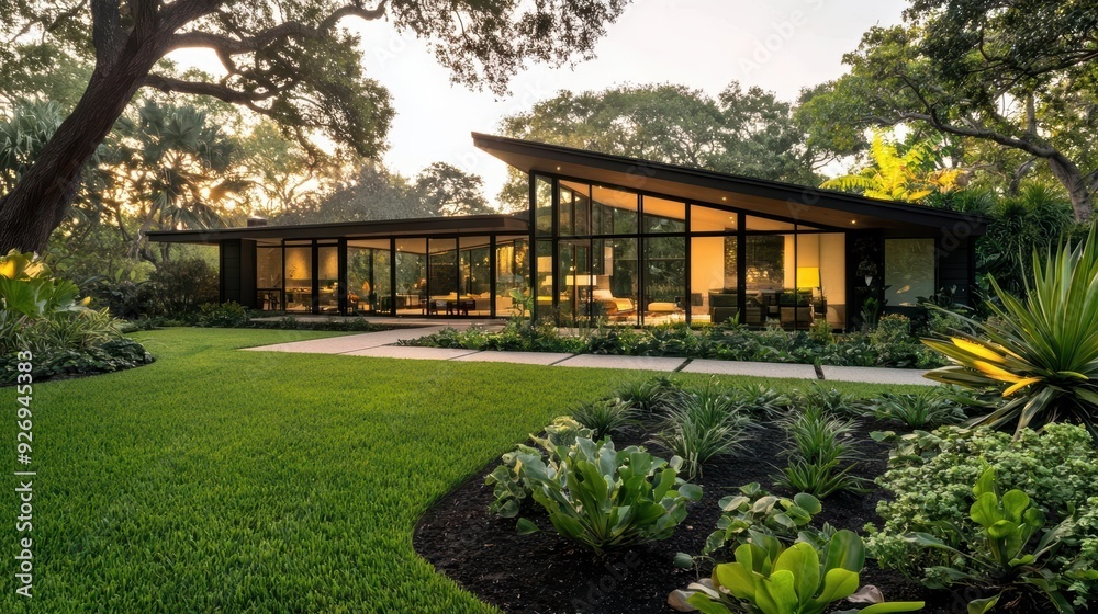 Modern house with large windows and a lush green lawn. Modern house with large windows and a lush green lawn.
