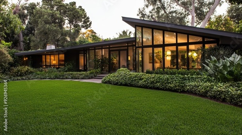 Modern house with large windows and a lush green lawn.