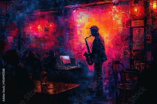 A man playing a saxophone in a bar with people sitting at tables