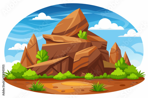 A  Cartoon Illustration of a Large Rock Formation with Lush Greenery