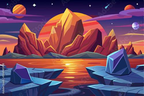 A Fantasy Landscape with Mountains, a Sunset, and Crystalline Rocks