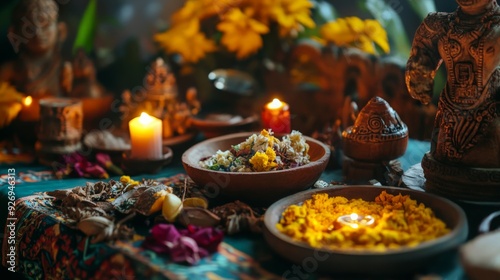 Vibrant traditional altar with candles, flowers, and colorful dishes, capturing a cultural ceremony ambiance.