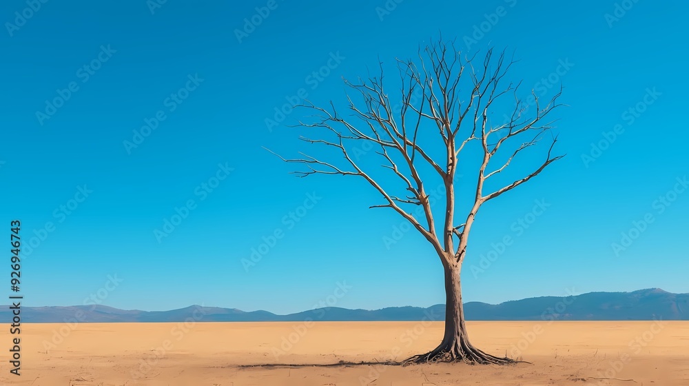 Lonely tree stands in arid landscape under a clear blue sky, symbolizing resilience and nature's beauty. Lonely tree stands in arid landscape under a clear blue sky, symbolizing resilience and nature's beauty.