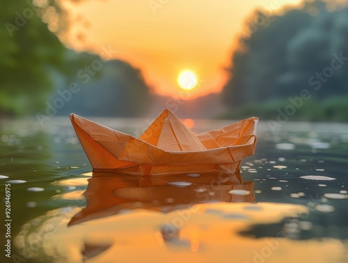 A small boat, crafted with delicate papercuts, floating on a calm river with a reflection of the sun.  photo