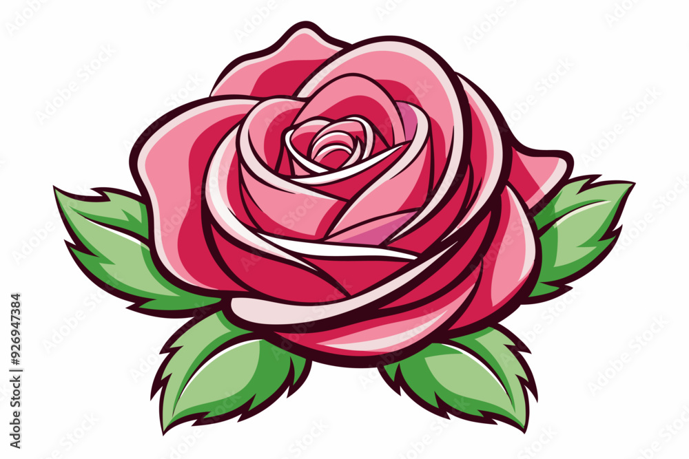 Pink Rose with Green Leaves on a White Background Pink Rose with Green Leaves on a White Background